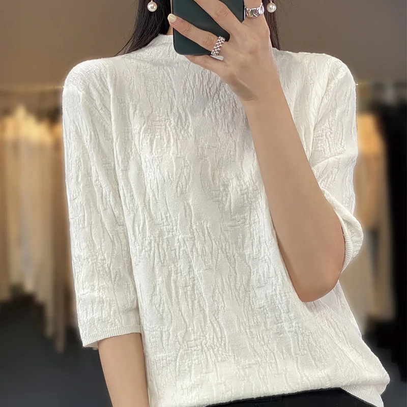 2023 new women\'s cashmere short-sleeved semi-high-necked Korean cashmere sweater women\'s spring and autumn pullover casual top