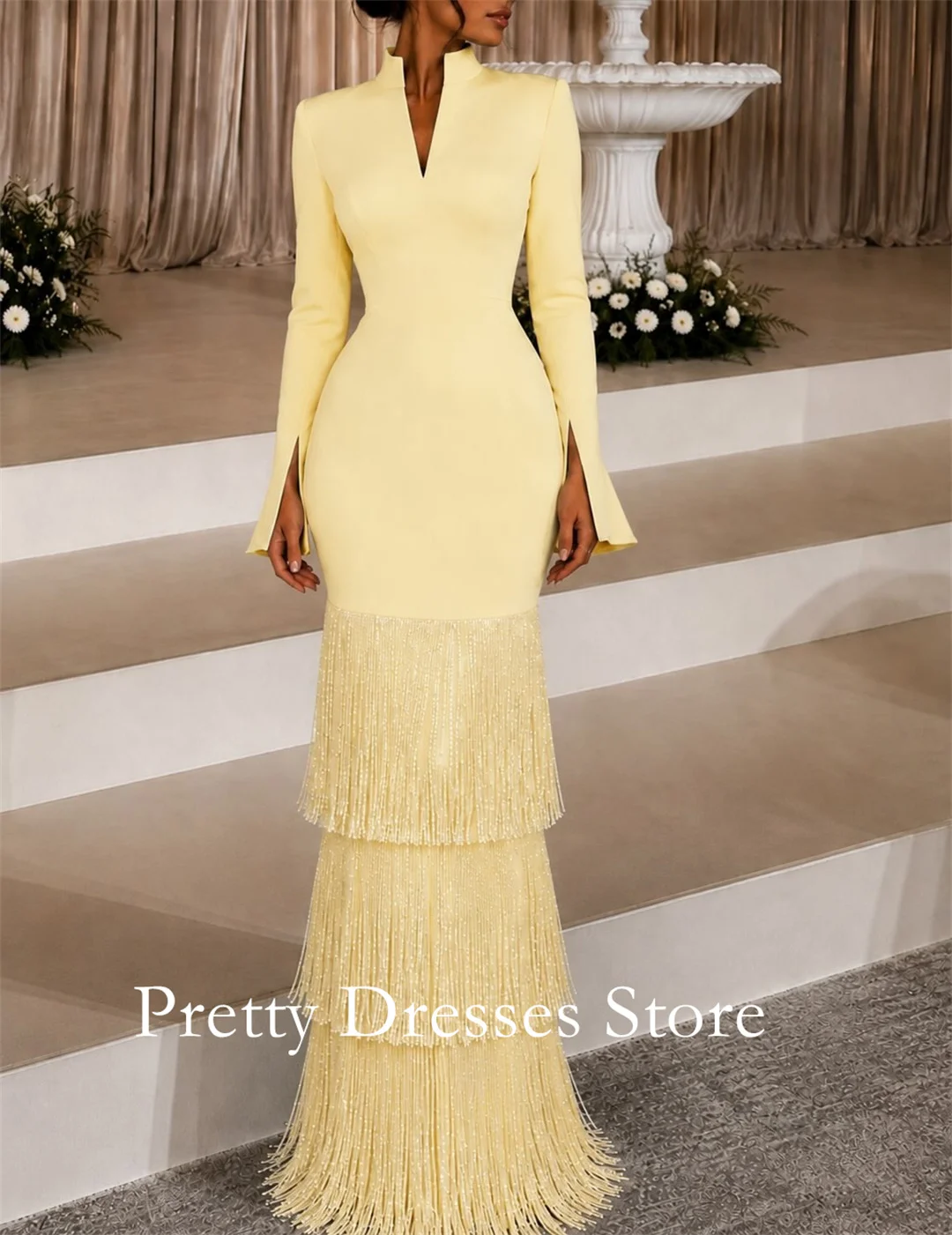 Pale Yellow Stand Collar Mermaid Evening Dress Deep V Long Split Sleeve Tiered Tassel Fringe Floor‑Length Formal Prom Gown