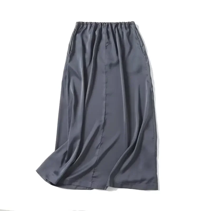 Women's 2024 New Fashion Chic Joker Satin Drawstring Straight Skirt Retro Elastic Waist Women's High Waist Skirt Mujer