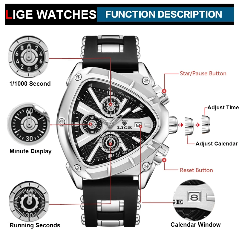 LIGE Men Watch Luxury Business Quartz Watches Silicone Strap Sport Chronograph Men\'s Wristwatch Waterproof Luminous Triangle  sh