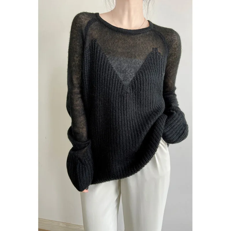 Sexy Transparent Hollow Out Women Sweaters Round Collar Long Sleeve Loose Thin Knitted Pullovers Candy Color Tops