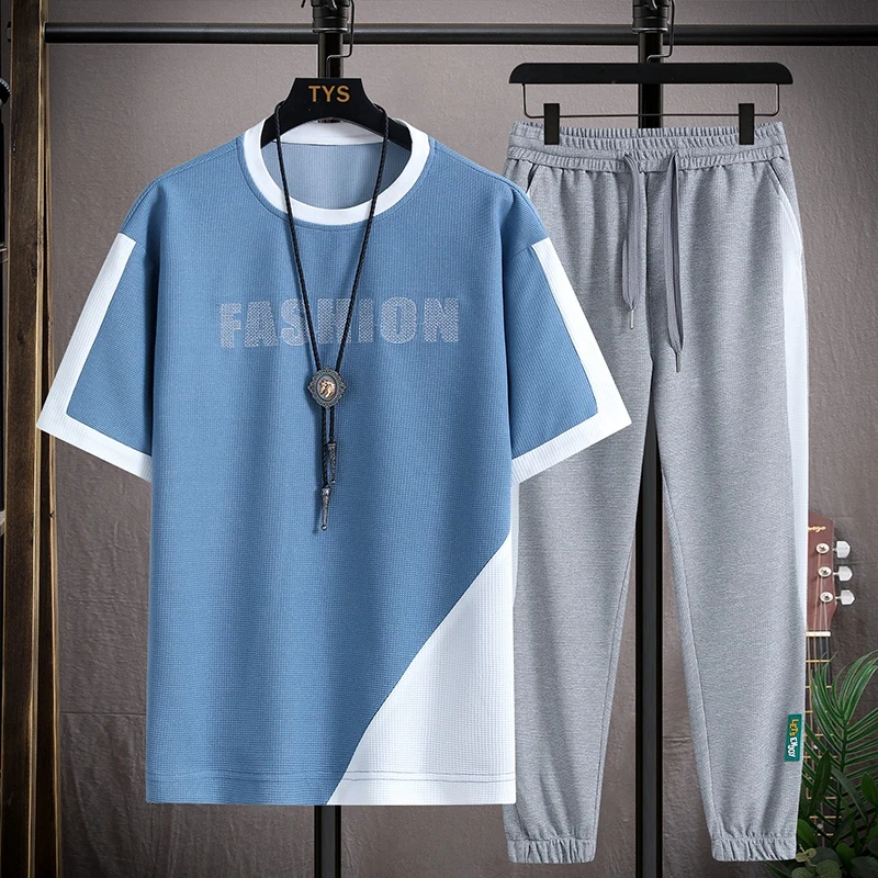 Casual 2024 Summer Two Piece Men's Sets Short Sleeve T-Shirts And Long Pants Outwear Top Tees & Elastic Waist Trousers Tracksuit