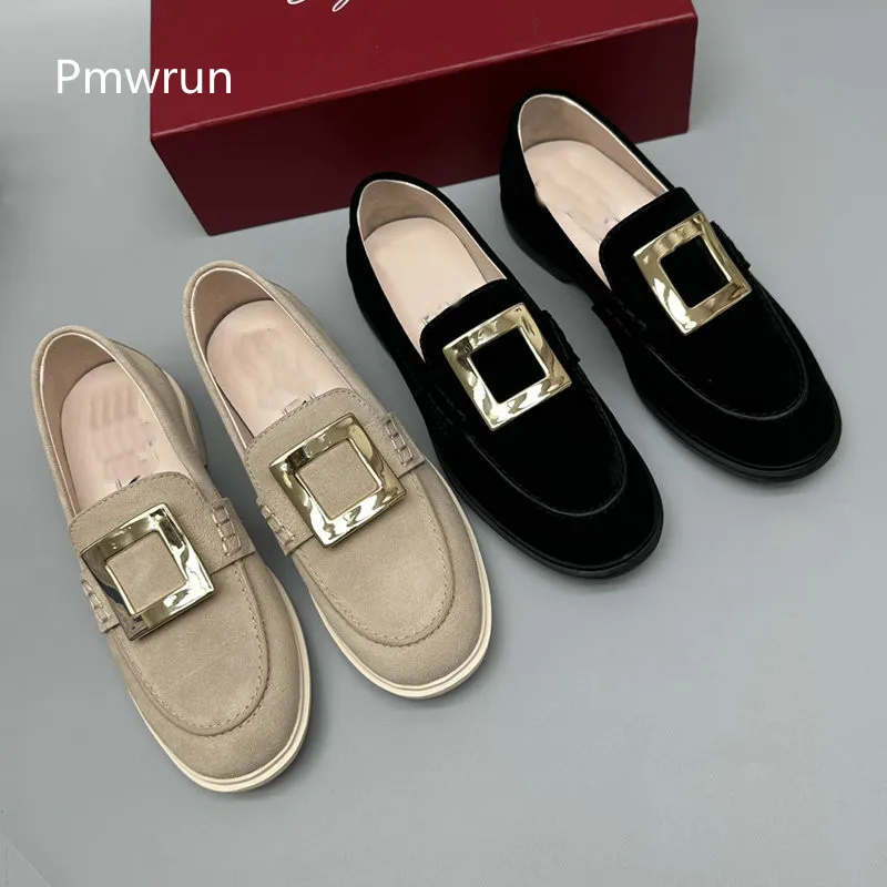 2024 summer metal square buckle suede loafers style casual simple feet elegant stylish light and comfortable