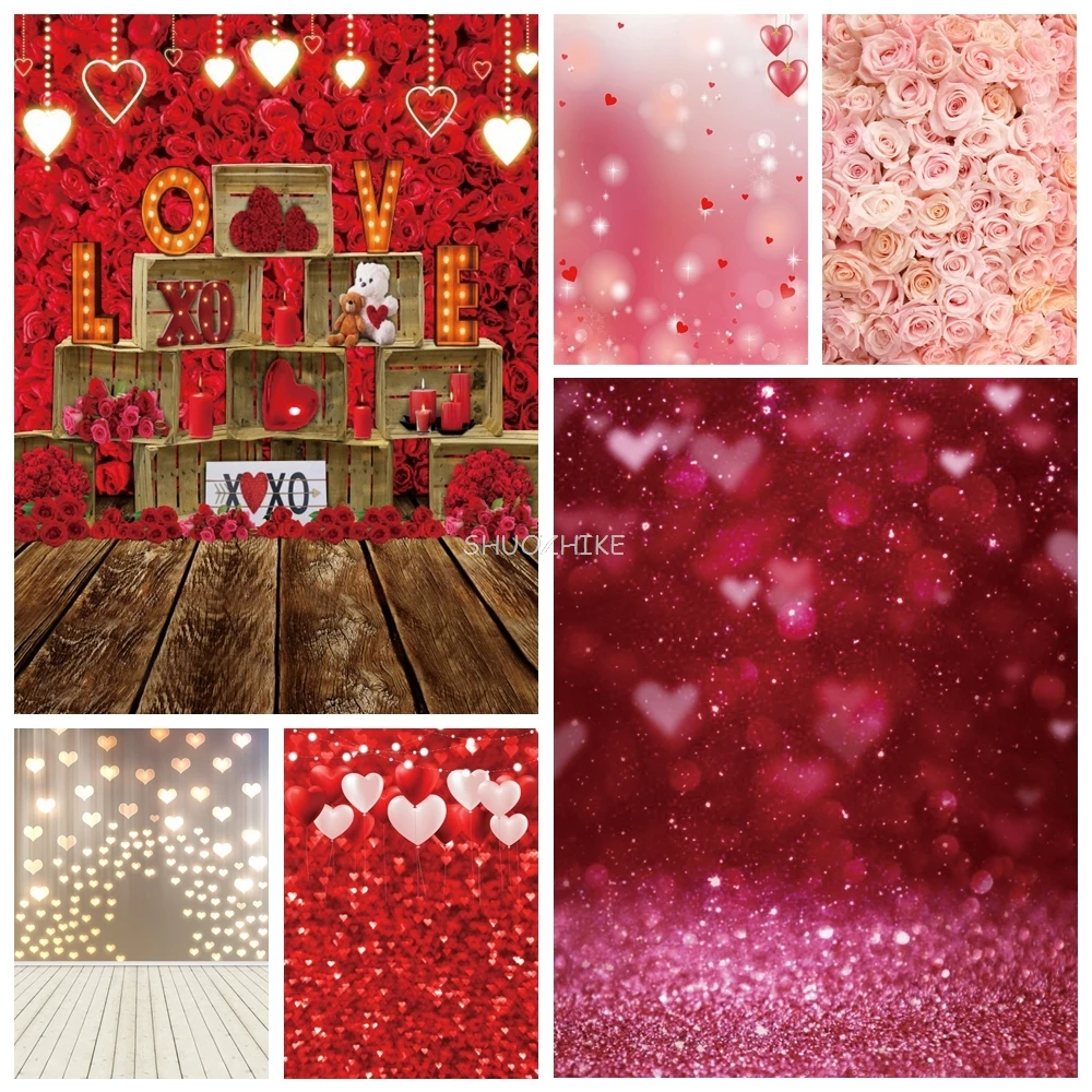 February 14 Valentine's Day Backdrop Photography Red Rose Love Heart Glitter Light Bokeh Floral Wedding Portrait Background