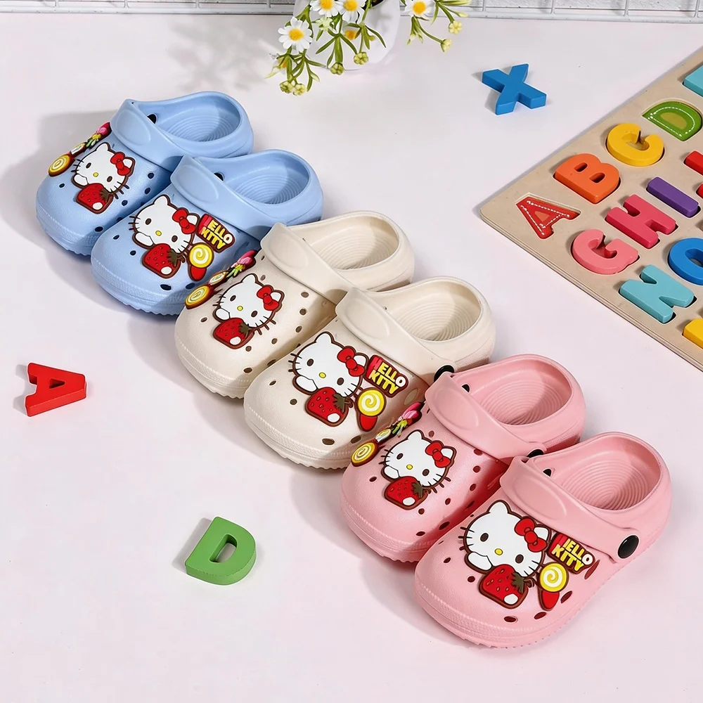New Kids' Slippers House Shoes Cartoon Sanrio Hello Kitty Summer Beech Shoes For Children Bottom Anti-slip Pink Blue Shoes
