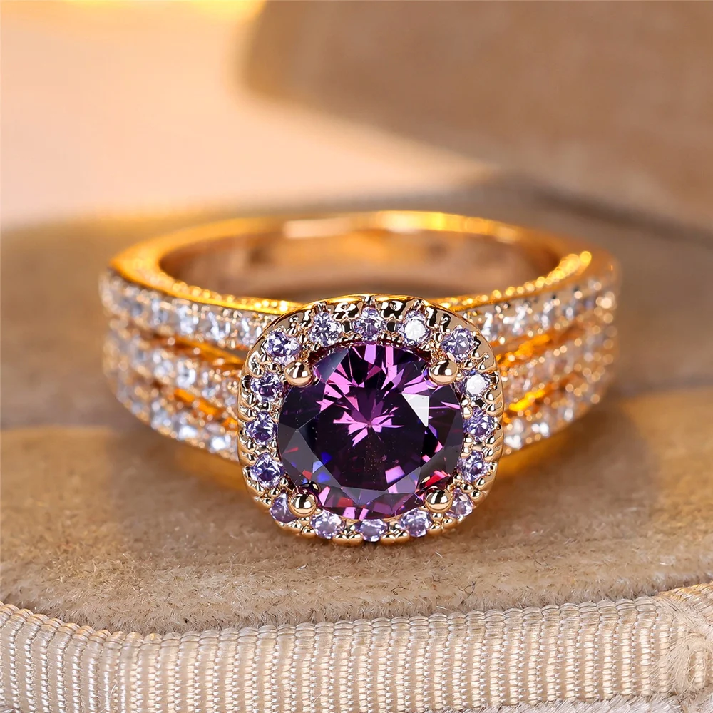 Vintage Female Purple Crystal Jewelry Cute Gold Color Wedding Stone Rings For Women Luxury Engagement Valentines Day Gift