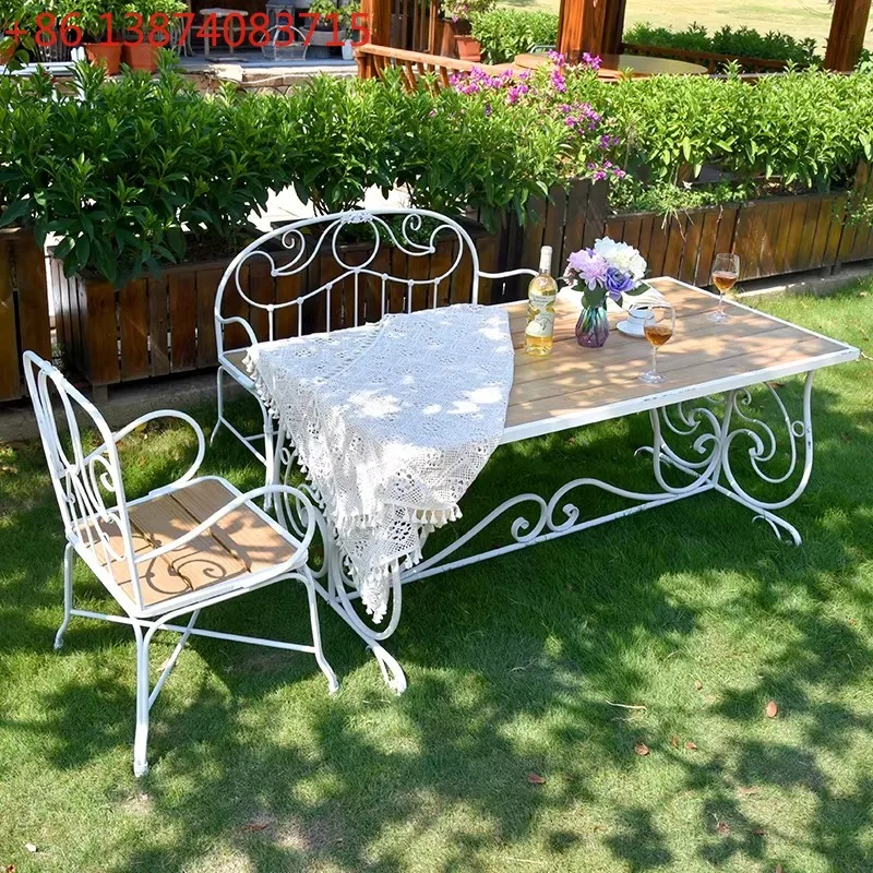 European pastoral style retro old wrought iron solid wood dining table and chairs, courtyard garden leisure chairs