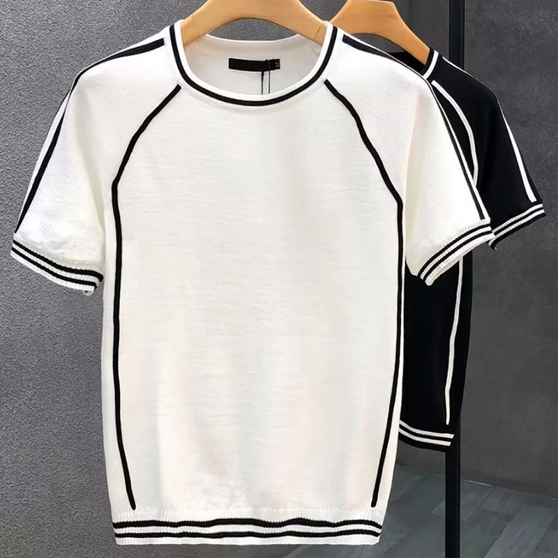 Irregular Lines Herren-Strick-T-Shirt, Sommer, Schwarz, Weiß, Kontrastfarbe, Rundhalsausschnitt, kurze Ärmel, atmungsaktives Strick-T-Shirt – Detail 6
