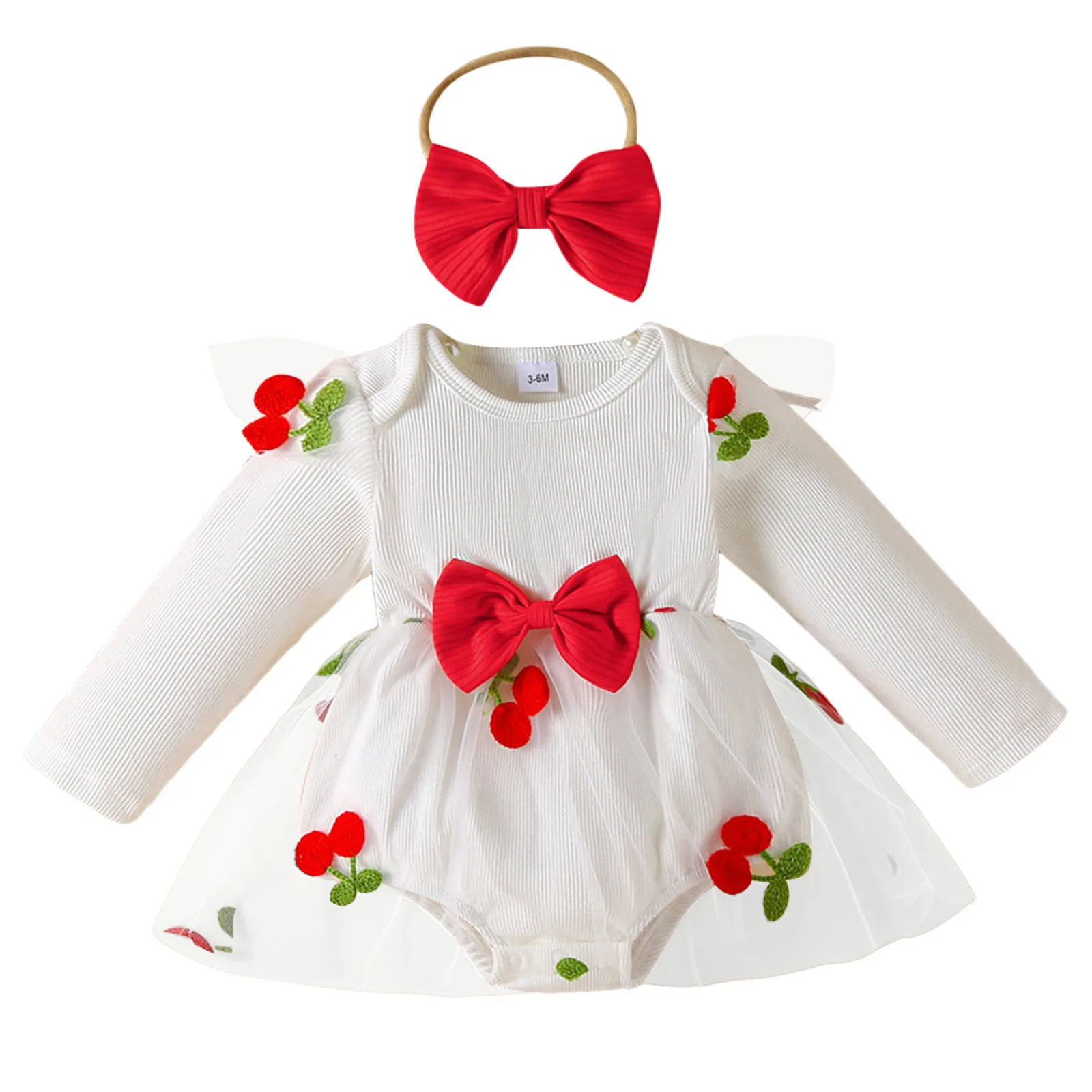 

311 Baby Clothes Baby Girl Cute Mesh Dress With Bow Tie And Small Headband Cherry Print Bodysuit Baby Girl Sleeveless