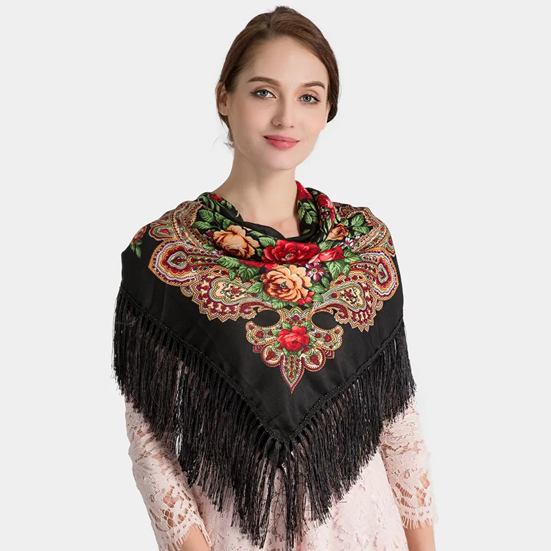 Oversized Square Shawls Women Cotton Print Floral Pashmina Classical Tassels Mujer Bufanda Russian Style Scarf Capes Soft Chal