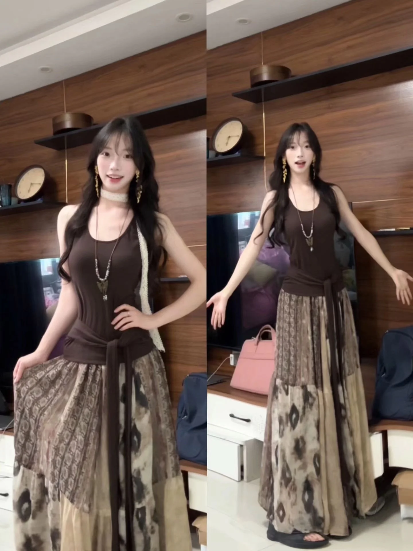 

Retro Brown Belted Neck Hanging Vest Women's Summer Fashion Set High Waist Skirt Two-Piece Set Breathable Polyester Cotton Blend