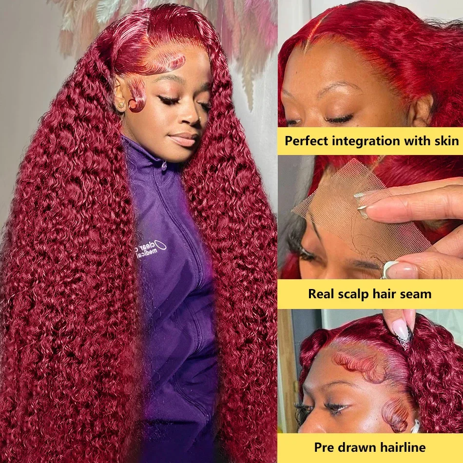 Perruque Deep Wave pré-plumée bordeaux 99J, 100% cheveux humains, perruques Lace Frmeds, 13x4, 13x6, densité 200%, 16-36 po