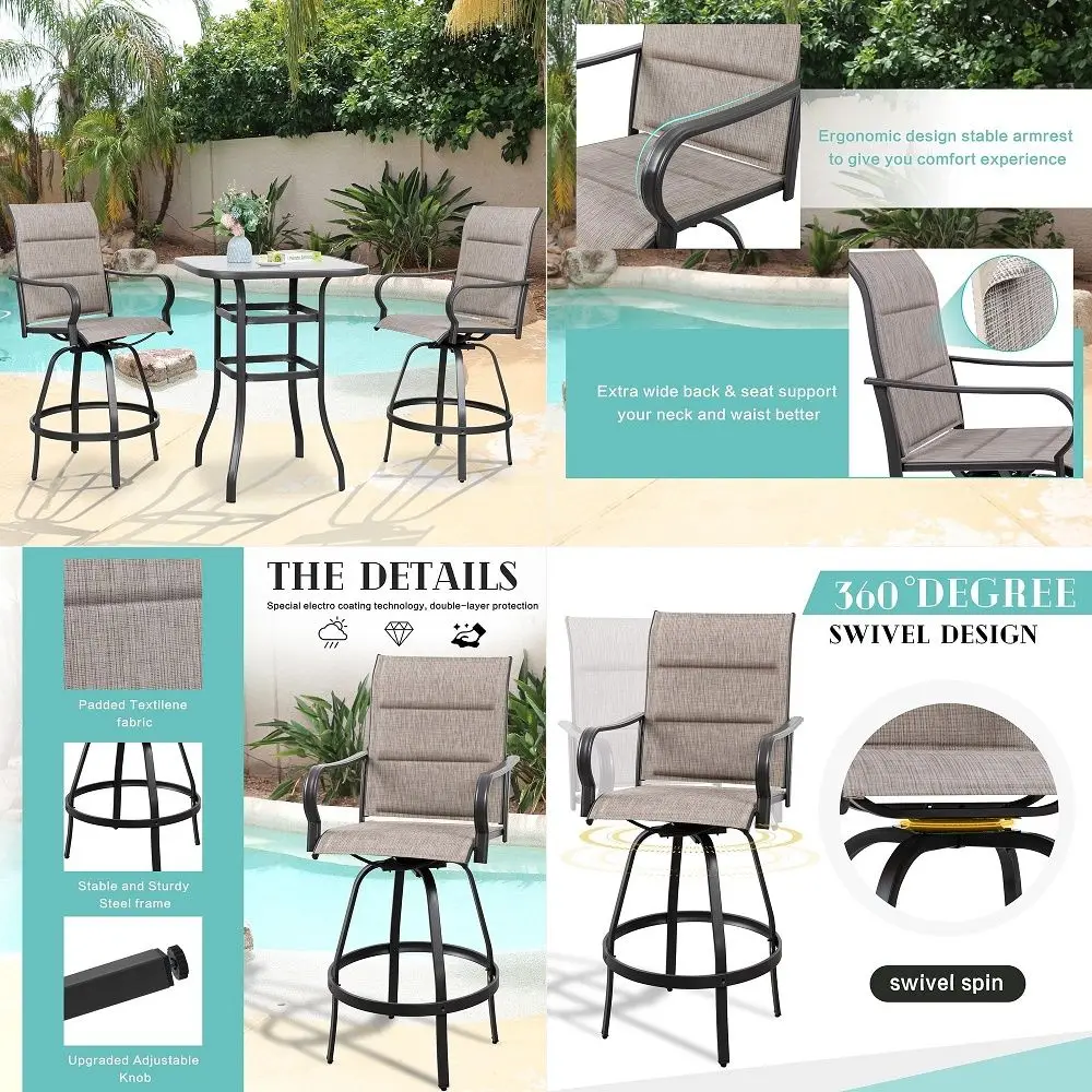 

3 Piece Patio Swivel Bar Set, All Weather Mental Textilene High Swivel Bar Stools Chair Set of 2 and Glass Bar Table, Outdoor H