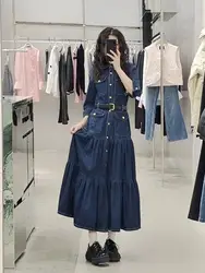 Spring Autumn Deep Blue Wrist Sleeve Dress For Women Exquisite Casual Style New Cowboy Wear Single Breasted Long Dresses No Belt