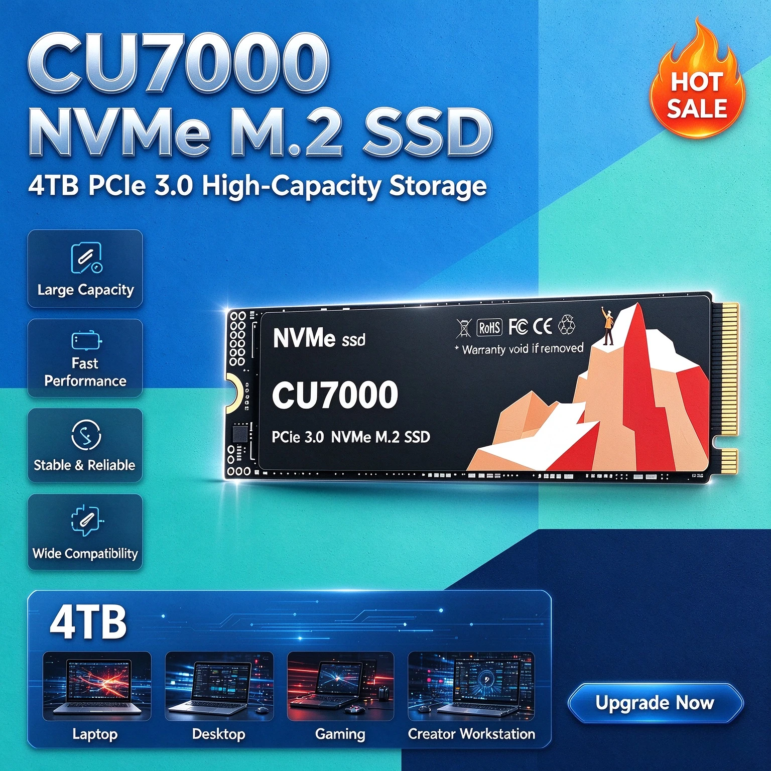 Original CU7000 SSD M.2 NVMe Internal Solid State Drive High Speed PCIe 3.0 Gaming Drive Works for Laptop PC Hard Disk