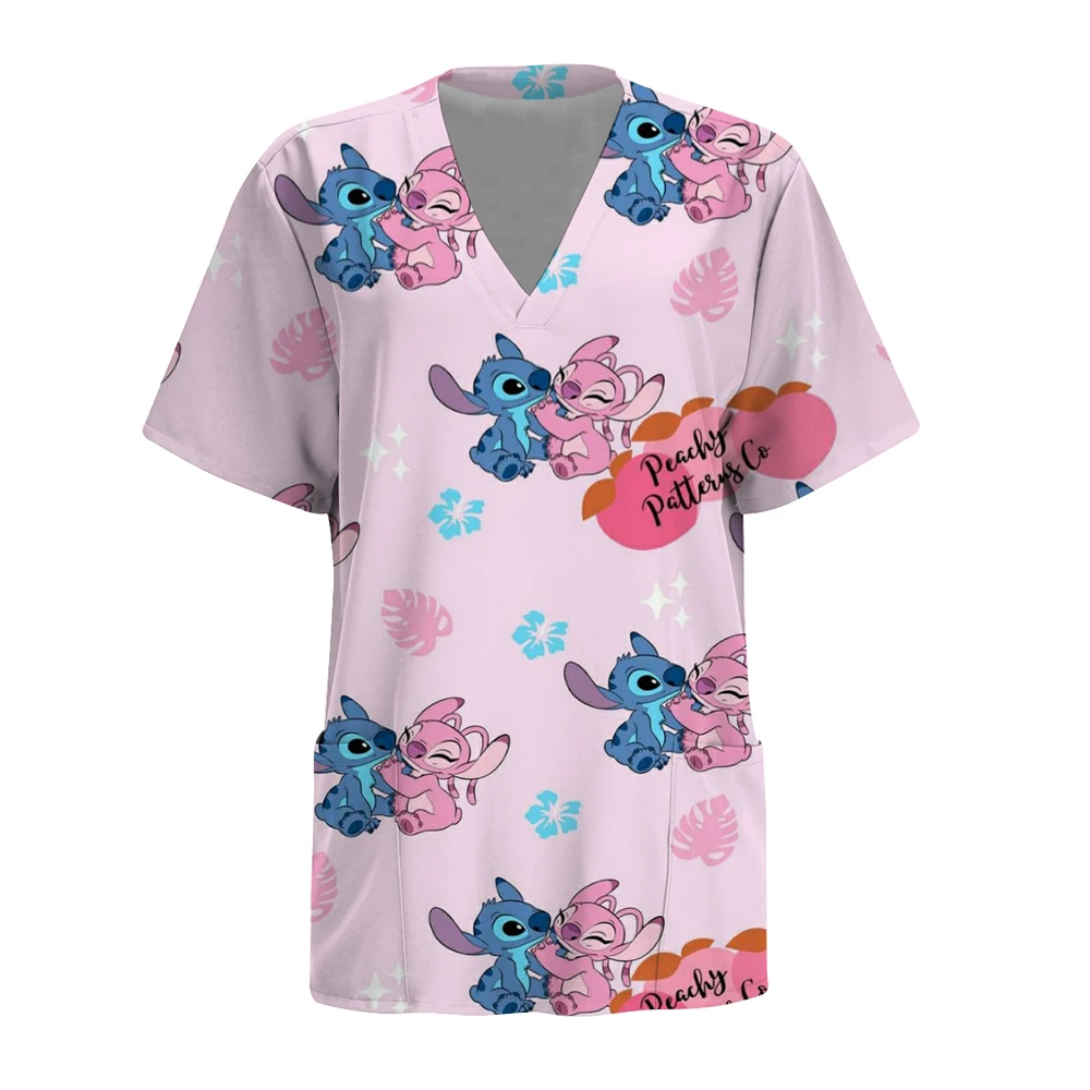 Disney Stitch print Summer Women's Nurse Clothes Work Uniform V-neck Pocket Nursing Scrub Top Pet Shop Beauty Salon Dental Work