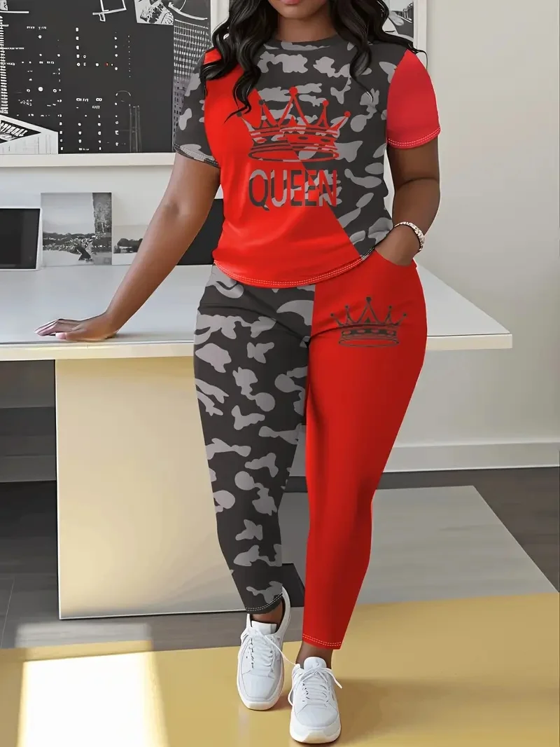 

Повседневный женский костюм больших размеров, модный комплект из двух предметов с камуфляжным лоскутным принтом и карманами