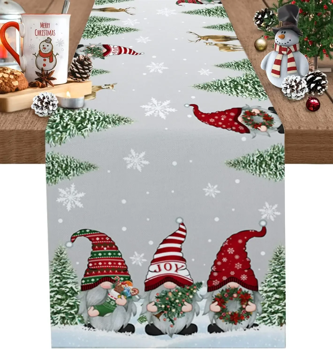 

Christmas Gnomes Snowflake Snow Tree Grey Table Runner Party Decor Winter Xmas Kitchen Table Runner Navidad Decorations