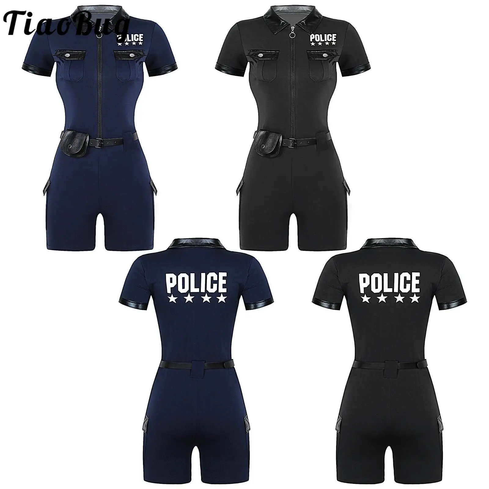 

Halloween Party Policewoman Officer Cop Cosplay Outfit Short Sleeve Jumpsuit with Belt And Purse Police Role Play Uniforms