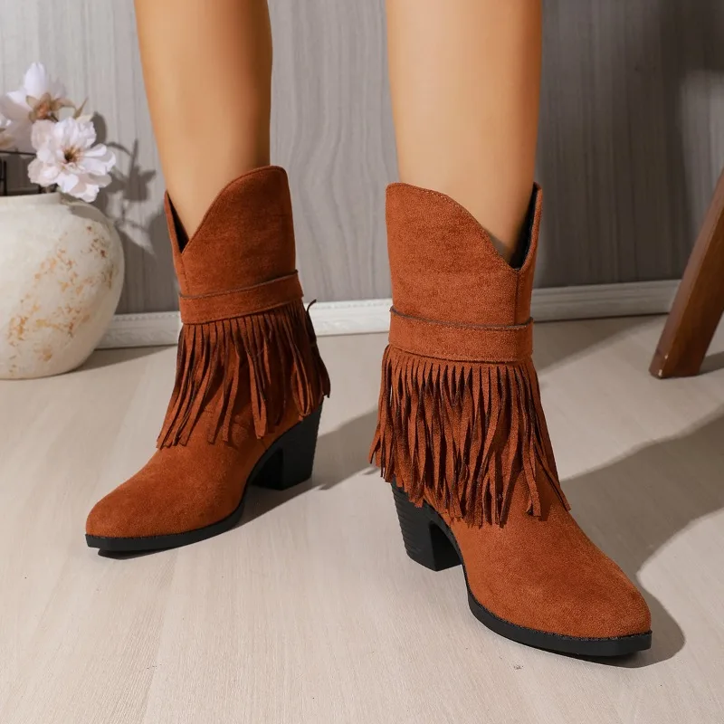 Fashion Trendy Tassel Belt Buckle Casual Mid Calf Women's Boots 2026 New Hot Sale Retro Style Solid Color Mid Heel Women Shoes