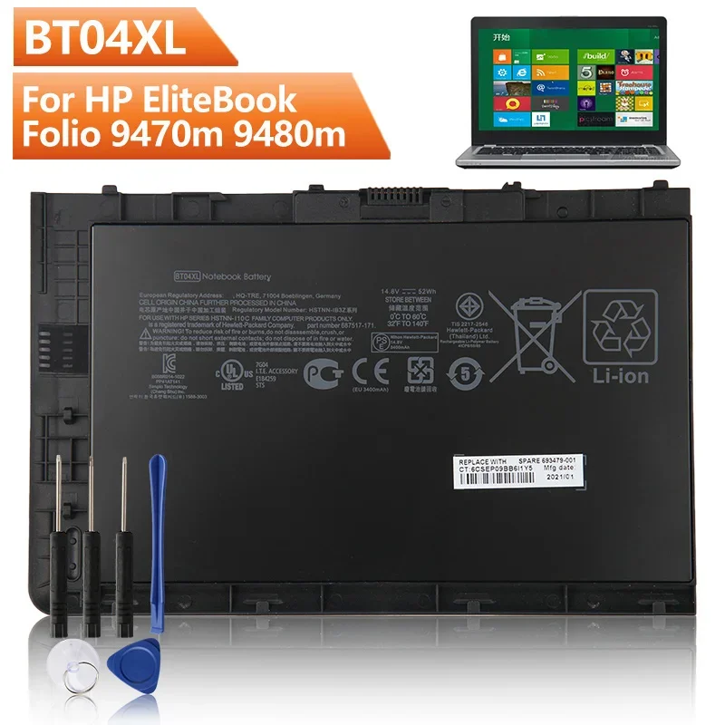 

BT04XL Replacement Battery For HP EliteBook Folio 9470m 9480m BA06XL H4Q47AA 687945-001 Battery 3400mA