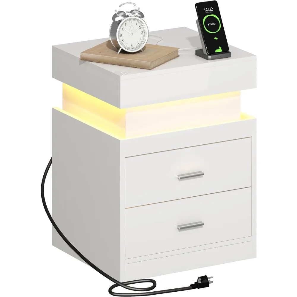 LED bedside table with charging station, smart bedside table with sliding top storage cabinet, 2-drawer high gloss bedside table