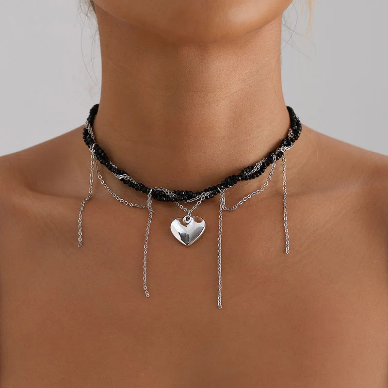 Y2k Choker Necklaces Heart Pendant Chain Tassel Women Glass Multilayer Neck Collier Femme Cadenas Para Mujer for Girls Jewelry