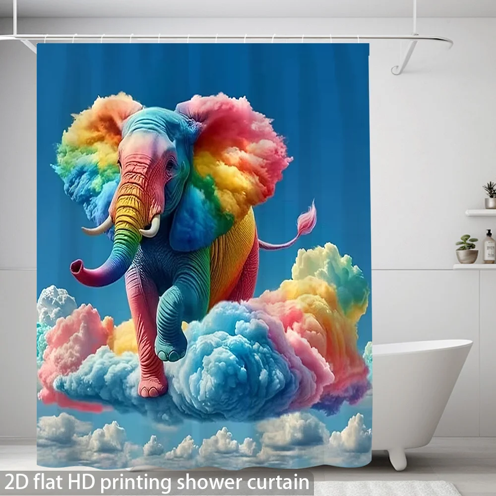 Vibrant Rainbow Elephant Floating on Clouds 2D Flat HD Printing Shower Curtain Bathroom Decor