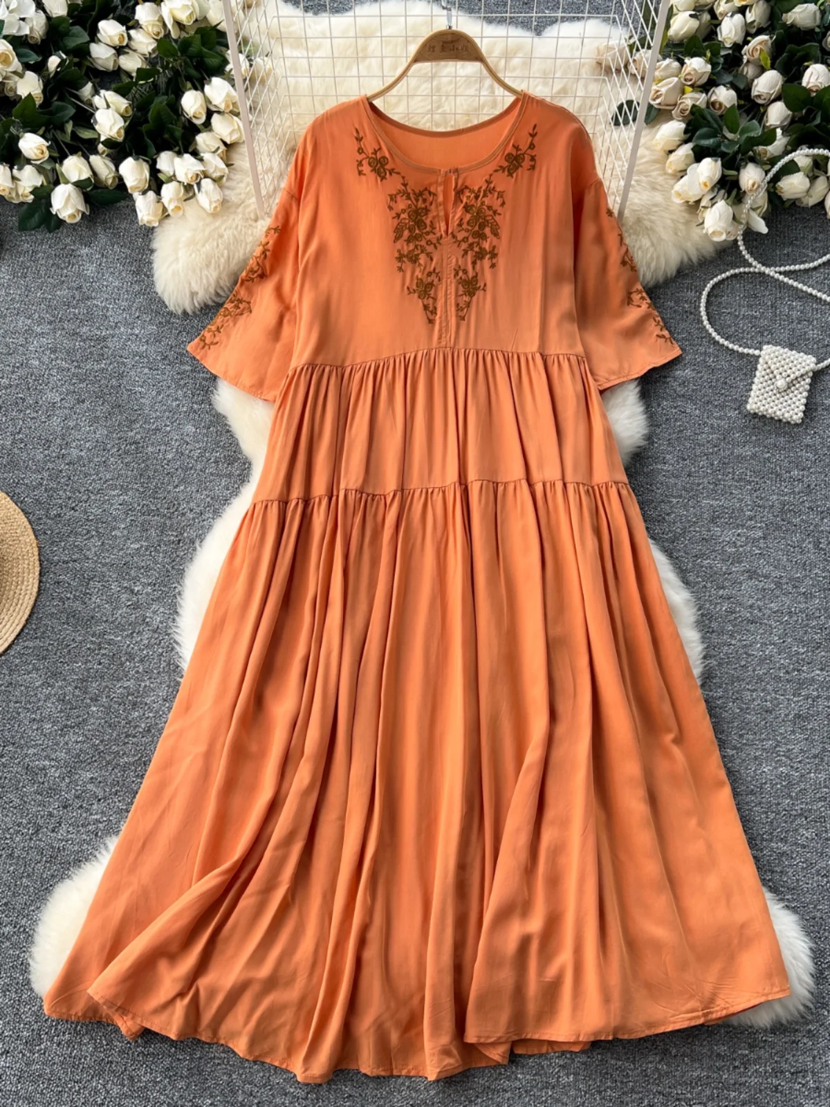 Ofallsis Gentle Elegant O Neck Dress 2024 Summer New Vintage Heavy Industry Embroidered Short Sleeves Loose Slim Long Dresses