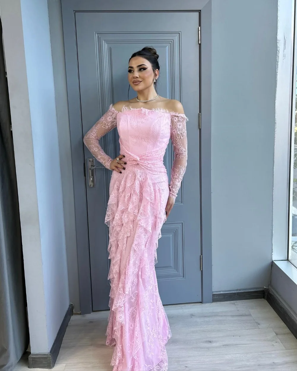 Vestidos largos personalizados a juego, exquisitos, clásicos, plisados de encaje, sirena fruncida, hombros descubiertos, vestidos para ocasiones a medida, elegantes