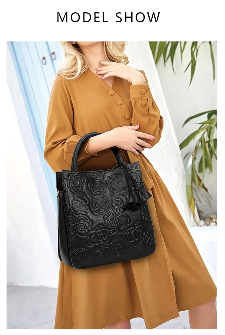 2024 New women's fashion genuine leather bag，large capacity flower patterned luxury brand cowhide bag