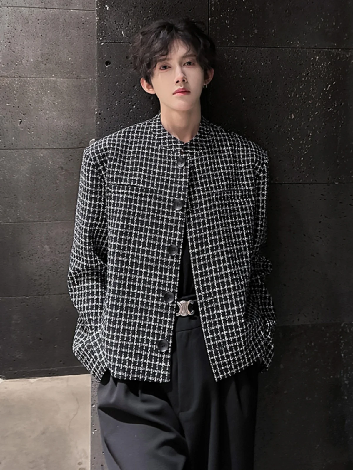 

Весенне-осеннее клетчатое пальто свободного кроя с воротником-стойкой для мужчин, модное универсальное пальто из полиэфирного волокна с длинными рукавами