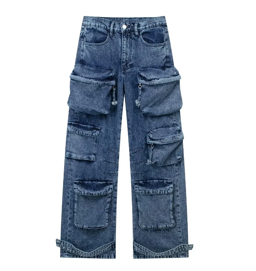 CPSYMYM Women's Pants Spring  Multi Pocket Design High Waist Casual Straight Leg Denim Cargo Pants Y2K Streetwear