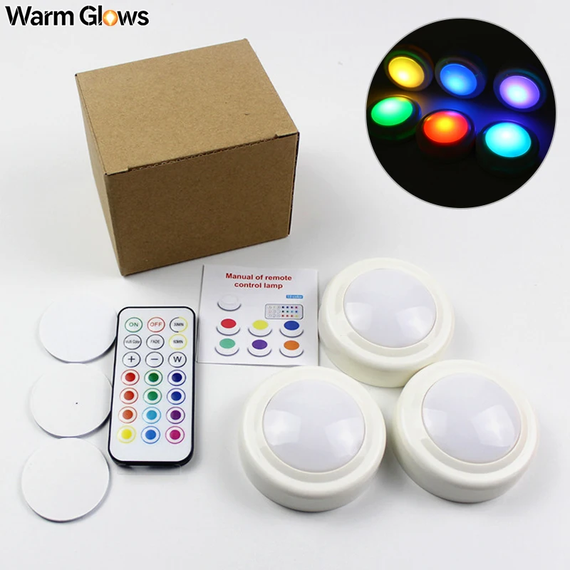RGB LED Puck Lights Battery Powered Wireless Remote Control Stick‑on Under Cabinet Night Light For Kitchen Wardrobe Closet