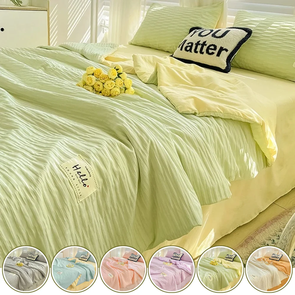 

1/4PCS Korean Bubble Wash Cotton Color Block Bed Sheet Summer Quilt,Double Sides Cooling Blanket for Bed,Air Condition Comforter