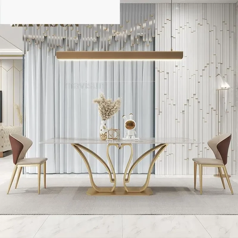 Luxury Villa Dining Room Swan Shape Rectangular Island Table 1.8m And 6 Chairs Set Golden Creative Design Marble Furniture