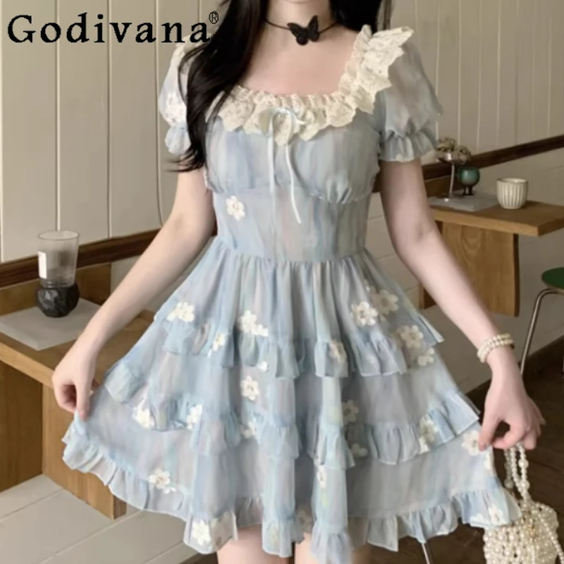 فستان صيفي كبير الحجم بطباعة حلوة فرنسية بأكمام قصيرة، فساتين عصرية بخصر عالٍ ومتعددة الاستخدامات ورقبة مربعة #1