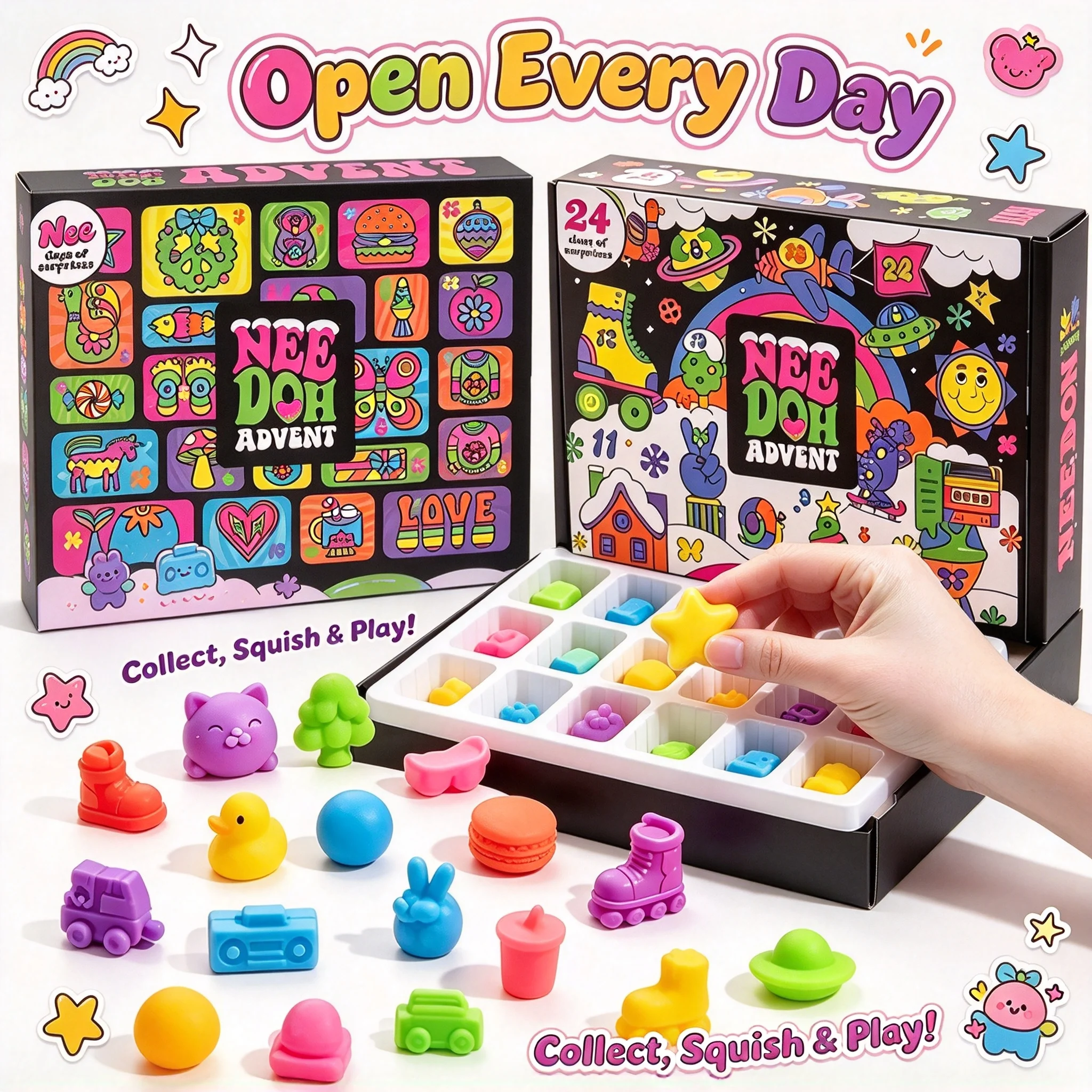 2026 NeeDoh Advent Calendar 24Pcs 3D PVC Fidget Dolls Christmas Countdown Surprise Box Stress Relief Toy For New Year Party Gift