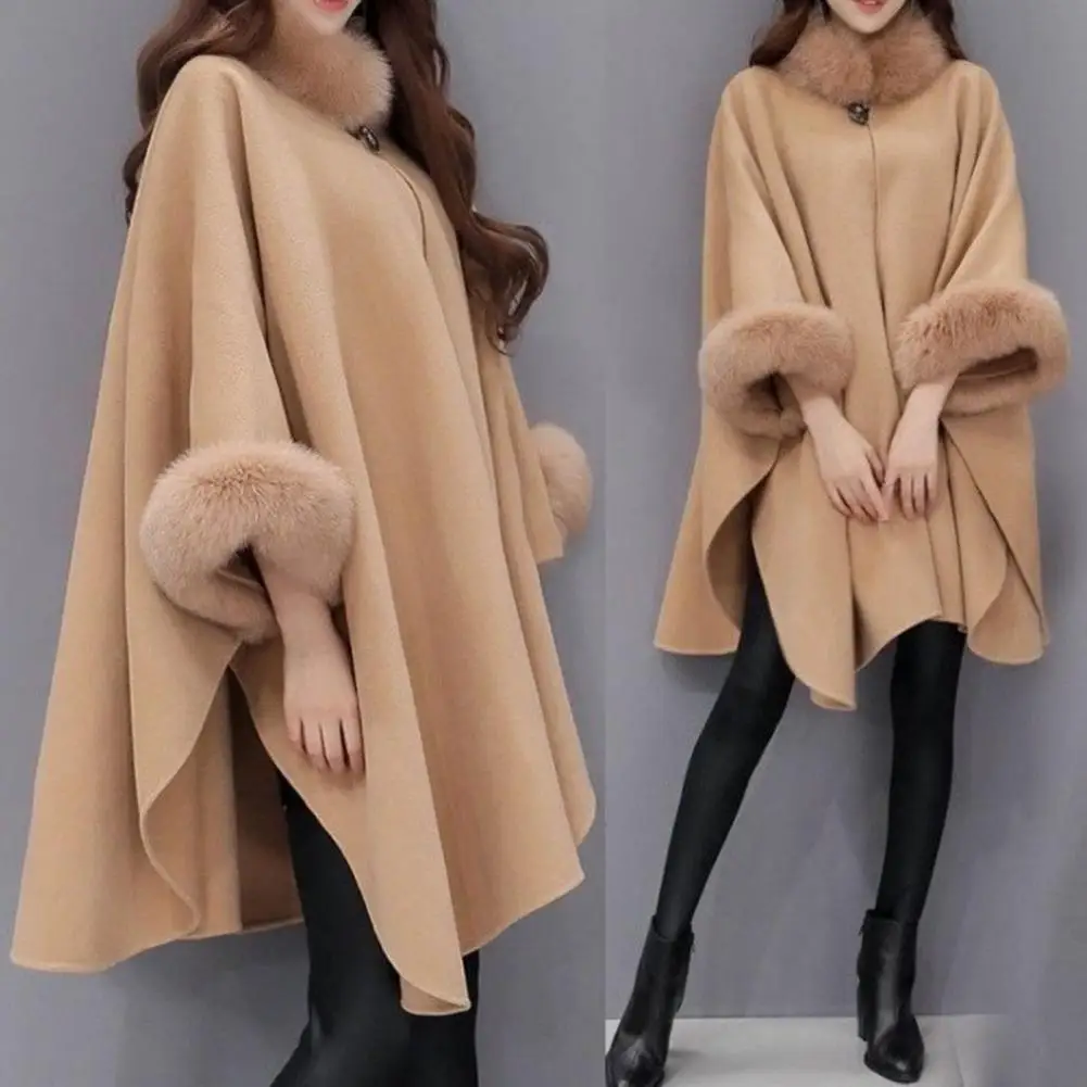 

Ladies Cape Coat Solid Color Faux Fur Collar Autumn Winter Warm Loose Mid Length Poncho Jacket For Everyday Wear Bohemian Shawl