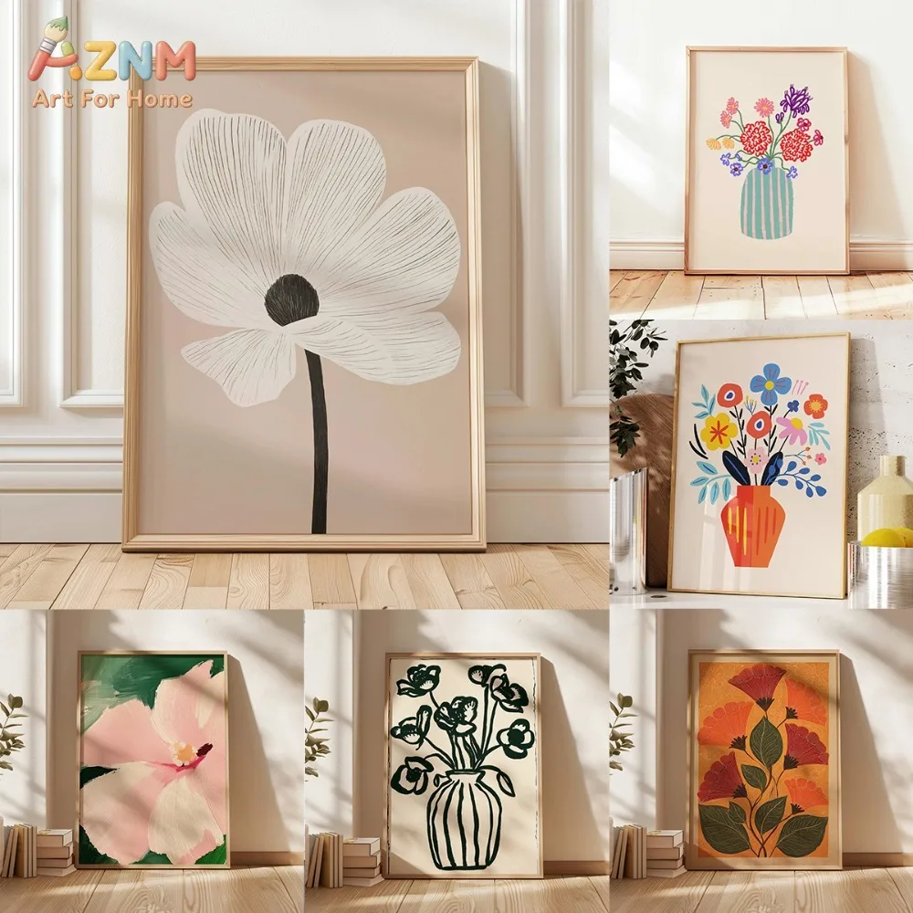 AZNM Frameless Canvas Wall Art, Abstract Colorful Vase Floral Line Drawing Minimalist Large Flower Boho Matisse Style Print Post