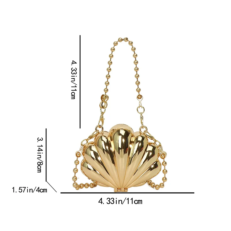 Shell Bag Golden Women\'s Mini Bag Alloy Crossbody Sling Purse with Chains Fashion Evening Clutch Luxury Design Trend 2024