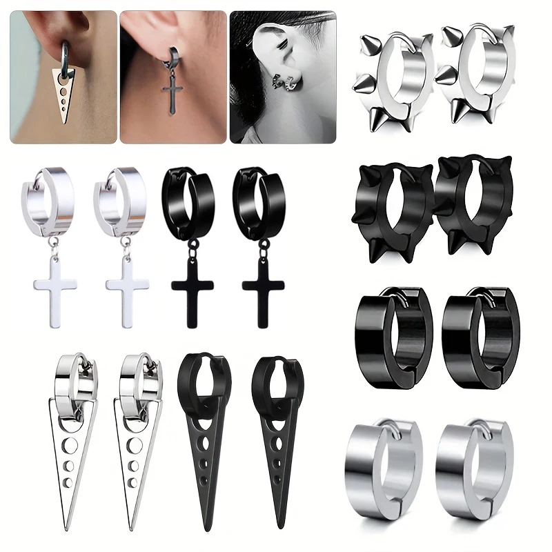 2pcs/16pcs Black Silvery Color Rivet Tip Cone Ear Buckle Cross Dangle Earrings Triangle Stud Earrings for Men Women Jewelry Set