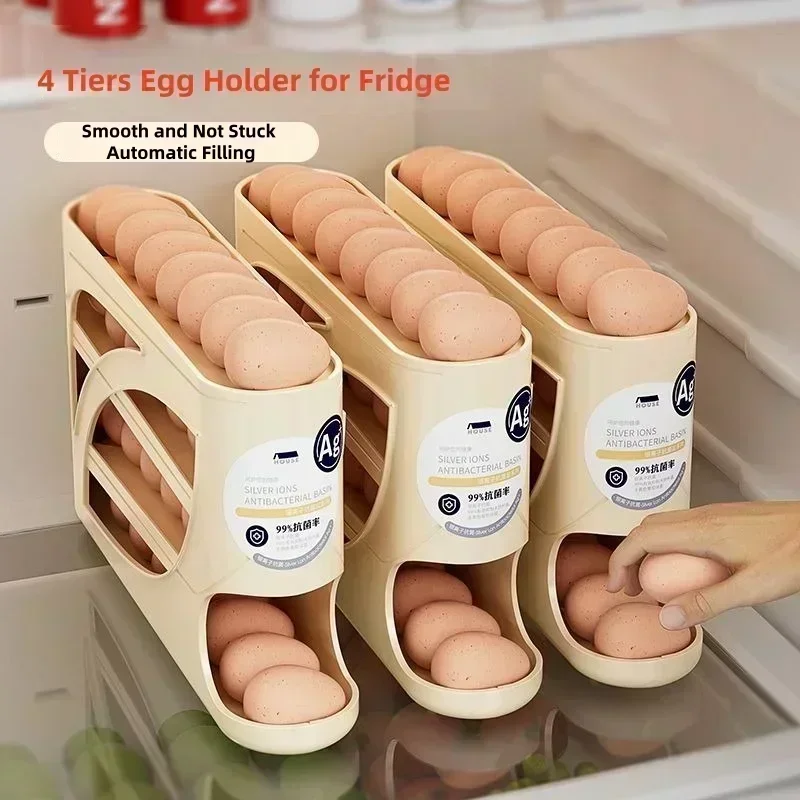 4 Tiers Egg Holder for Fridge,Auto Rolling Fridge Egg Dispenser,Egg Rack Large Capacity Egg Organizer Storage for Refrigerator