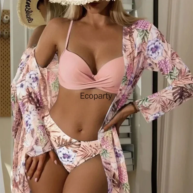 Modny damski strój kąpielowy z nadrukiem, wysoki stan, długi rękaw, rozpinany, trzyczęściowy zestaw bikini, odzież plażowa