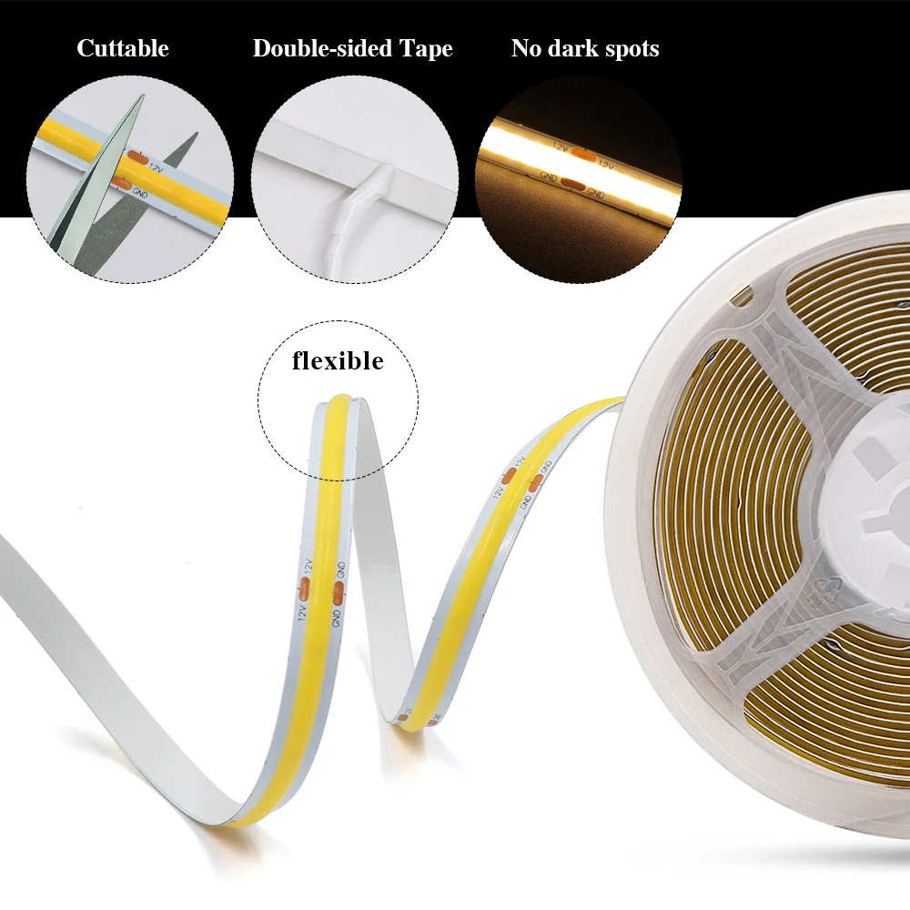 Imagem -06 - Cob Led Strip Light Iluminação Linear Quente Natural Frio Branco Fita Flexível Alta Densidade dc Plug Fio 2pin 5v 12v 24v 320 480