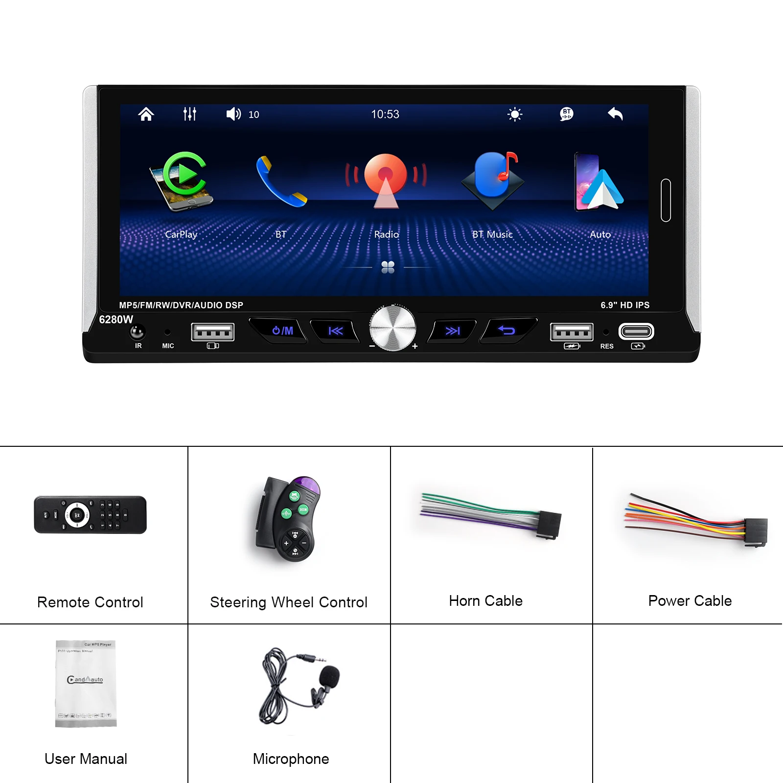 Podofo 1DIN Android Car Stereo Radio 6.9''2+64G Car Multimedia Player Wireless Carplay Android auto Bluetooth WIFI GPS RDS Radio images - 6