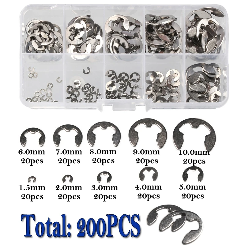 

200PCS Set 1.5/2/3/4/5/6/7/8/9/10mm Stainless Steel E-clips Ring Snap Retaining Circlip Tools Kit Washer Gaskets