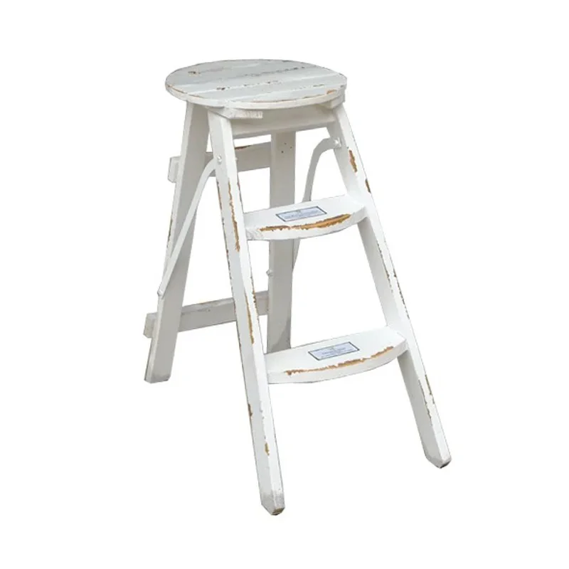 Retro Handmade Solid Wood Folding 3 Step Ladder Stool, Multifunctional Stepladder