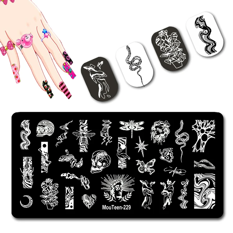 Mouteen New Water Ripple Pattern Nail Stamping Plate Water Ripple Skull Nail Stamp Water ButterflyPlate Nail Art Stamp#229