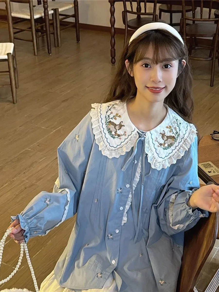 プラスサイズ 300ポンド ファットMM ウサギ刺繍 ドールカラー ロングスリーブ レディース 夏新作 ルーズトップ 韓国風 スタイル 純綿